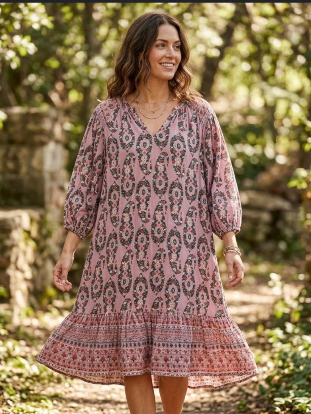 Knox Rose Boho Paisley Ruffled Swing Long Sleeve Midi Dress w/ Pockets *no belt